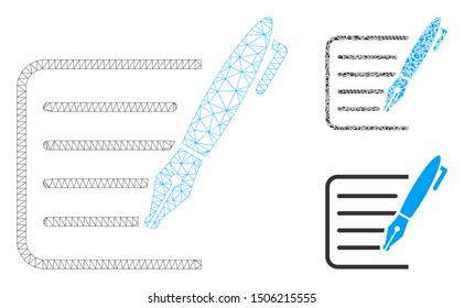 Mesh sign contract model with triangle mosaic icon. Wire carcass polygonal mesh of sign contract. Vector mosaic of triangle elements in different sizes, and color tones.