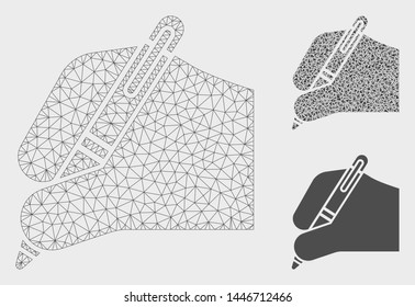 Mesh signature model with triangle mosaic icon. Wire frame triangular mesh of signature. Vector mosaic of triangle parts in different sizes, and color tinges. Abstract 2d mesh signature,