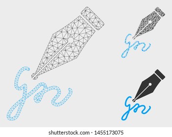 Mesh signature model with triangle mosaic icon. Wire carcass triangular mesh of signature. Vector mosaic of triangle elements in variable sizes, and color tinges. Abstract flat mesh signature,