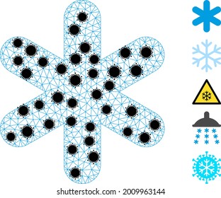 Mesh simple snowflake polygonal icon vector illustration, with black infectious nodes. Model is based on simple snowflake flat icon, with virus nodes and triangular net.