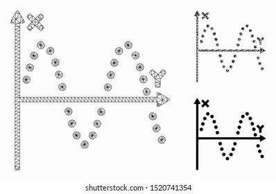 Mesh sine plot model with triangle mosaic icon. Wire carcass polygonal mesh of sine plot. Vector composition of triangle parts in variable sizes, and color hues. Abstract flat mesh sine plot,