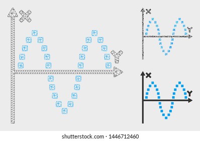 Mesh sinusoid plot model with triangle mosaic icon. Wire frame polygonal mesh of sinusoid plot. Vector mosaic of triangle parts in different sizes, and color hues. Abstract flat mesh sinusoid plot,