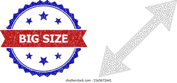 Mesh size carcass illustration, and bicolor unclean Big Size watermark. Mesh carcass symbol is created from size icon. Vector seal with Big Size title inside red ribbon and blue rosette,