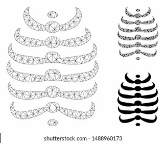 Mesh skeleton ribs model with triangle mosaic icon. Wire carcass triangular mesh of skeleton ribs. Vector mosaic of triangle parts in different sizes, and color hues. Abstract 2d mesh skeleton ribs,