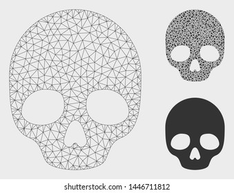 Mesh skull model with triangle mosaic icon. Wire carcass polygonal mesh of skull. Vector collage of triangle parts in different sizes, and color tinges. Abstract flat mesh skull,