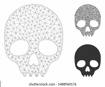 Mesh skull model with triangle mosaic icon. Wire carcass polygonal network of skull. Vector mosaic of triangle parts in variable sizes, and color tints. Abstract flat mesh skull,