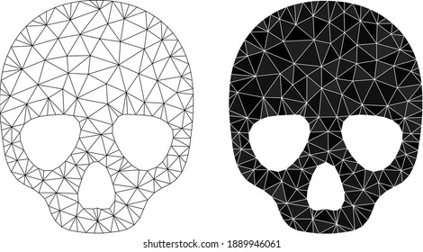 Mesh skull polygonal icon illustrations, filled and carcass versions. Vector net skull icons. Wire carcass and filled 2D net abstract symbols based on skull icon.