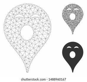 Mesh sleepy smiley map marker model with triangle mosaic icon. Wire frame polygonal mesh of sleepy smiley map marker. Vector mosaic of triangle elements in variable sizes, and color hues.