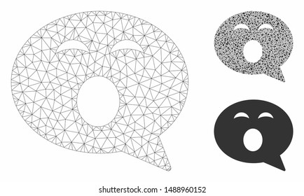 Mesh sleepy smiley message model with triangle mosaic icon. Wire frame polygonal mesh of sleepy smiley message. Vector composition of triangle parts in various sizes, and color tinges.
