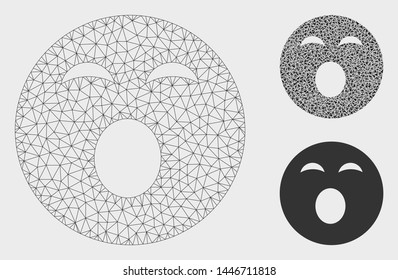 Mesh sleepy smiley model with triangle mosaic icon. Wire carcass polygonal mesh of sleepy smiley. Vector mosaic of triangle elements in various sizes, and color tints.