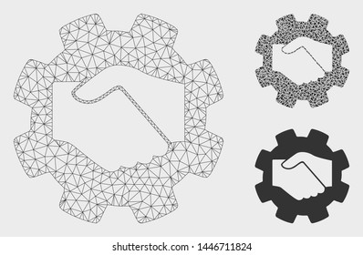 Mesh smart contract handshake model with triangle mosaic icon. Wire frame triangular mesh of smart contract handshake. Vector mosaic of triangle parts in various sizes, and color tinges.