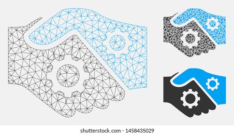 Mesh smart contract handshake model with triangle mosaic icon. Wire carcass polygonal network of smart contract handshake. Vector mosaic of triangle elements in various sizes, and color tinges.