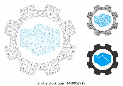 Mesh smart contract setup gear model with triangle mosaic icon. Wire frame polygonal mesh of smart contract setup gear. Vector mosaic of triangle parts in variable sizes, and color tinges.
