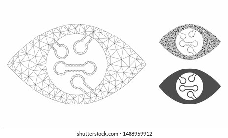 Mesh smart eye lens model with triangle mosaic icon. Wire frame polygonal mesh of smart eye lens. Vector composition of triangle parts in different sizes, and color tones.