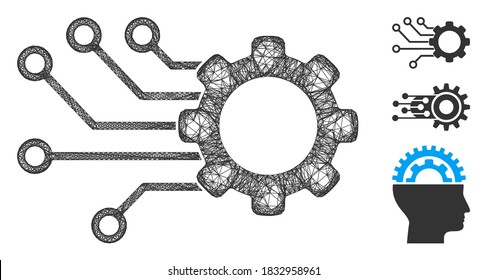 Mesh smart gear polygonal web icon vector illustration. Carcass model is created from smart gear flat icon. Triangular mesh forms abstract smart gear flat model.