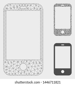 Mesh smart phone model with triangle mosaic icon. Wire frame triangular network of smart phone. Vector mosaic of triangle elements in various sizes, and color tints. Abstract 2d mesh smart phone,