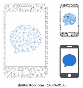 Mesh smartphone chat message model with triangle mosaic icon. Wire carcass triangular mesh of smartphone chat message. Vector collage of triangle elements in various sizes, and color tinges.