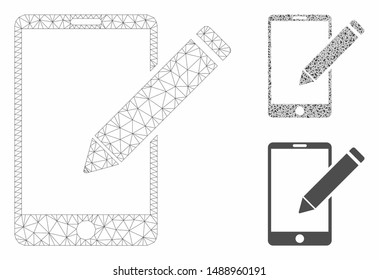 Mesh smartphone edit pencil model with triangle mosaic icon. Wire carcass polygonal mesh of smartphone edit pencil. Vector mosaic of triangle elements in different sizes, and color tones.