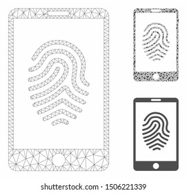 Mesh smartphone fingerprint model with triangle mosaic icon. Wire frame triangular mesh of smartphone fingerprint. Vector mosaic of triangles in various sizes, and color tones.