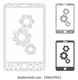 Mesh smartphone gears model with triangle mosaic icon. Wire carcass polygonal mesh of smartphone gears. Vector composition of triangle parts in variable sizes, and color shades.