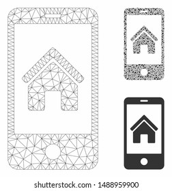 Mesh smartphone homepage model with triangle mosaic icon. Wire carcass triangular mesh of smartphone homepage. Vector collage of triangle parts in different sizes, and color hues.