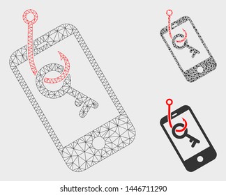 Mesh smartphone key phishing model with triangle mosaic icon. Wire frame polygonal mesh of smartphone key phishing. Vector collage of triangle parts in various sizes, and color hues.