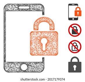 Mesh smartphone locked web icon vector illustration. Carcass model is based on smartphone locked flat icon. Mesh forms abstract smartphone locked flat model.