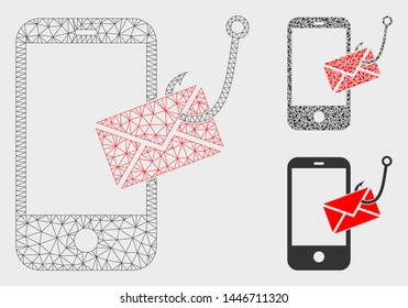 Mesh smartphone message phishing model with triangle mosaic icon. Wire carcass triangular mesh of smartphone message phishing. Vector mosaic of triangle elements in various sizes, and color hues.