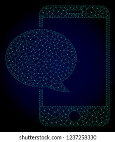Mesh smartphone message polygonal illustration. Abstract mesh lines, triangles and points on dark background with smartphone message.