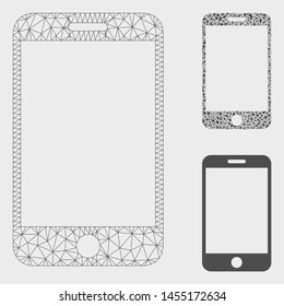 Mesh smartphone model with triangle mosaic icon. Wire carcass triangular mesh of smartphone. Vector mosaic of triangle elements in variable sizes, and color tinges. Abstract flat mesh smartphone,