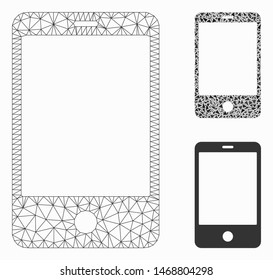 Mesh smartphone model with triangle mosaic icon. Wire frame triangular mesh of smartphone. Vector mosaic of triangle parts in various sizes, and color tinges. Abstract flat mesh smartphone,