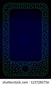 Mesh smartphone polygonal illustration. Abstract mesh lines, triangles and points on dark background with smartphone. Wire frame 2D polygonal line network in vector format on a dark blue background.