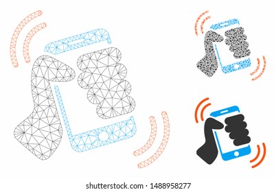 Mesh smartphone ring model with triangle mosaic icon. Wire carcass triangular mesh of smartphone ring. Vector mosaic of triangle parts in various sizes, and color tints.