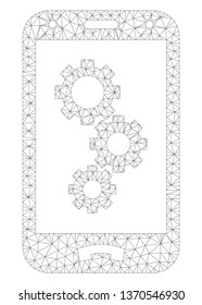Mesh smartphone settings gears polygonal icon illustration. Abstract mesh lines and dots form triangular smartphone settings gears.