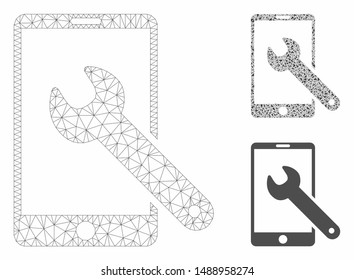 Mesh smartphone setup wrench model with triangle mosaic icon. Wire carcass triangular mesh of smartphone setup wrench. Vector mosaic of triangle elements in various sizes, and color tints.