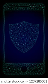 Mesh smartphone shield polygonal illustration. Abstract mesh lines, triangles and points on dark background with smartphone shield.