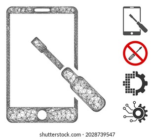 Mesh smartphone tuning screwdriver web icon vector illustration. Carcass model is based on smartphone tuning screwdriver flat icon. Mesh forms abstract smartphone tuning screwdriver flat model.