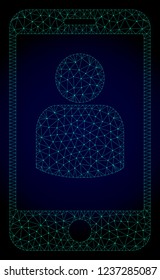 Mesh smartphone user polygonal illustration. Abstract mesh lines, triangles and points on dark background with smartphone user.