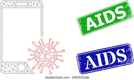 Mesh smartphone virus image, and AIDS blue and green rectangle unclean stamp seals. Polygonal carcass illustration created from smartphone virus icon.