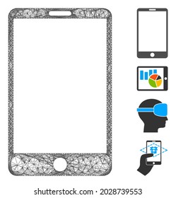 Mesh smartphone web icon vector illustration. Model is created from smartphone flat icon. Network forms abstract smartphone flat model. Wire frame flat web network isolated on a white background.