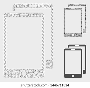 Mesh smartphones model with triangle mosaic icon. Wire carcass triangular mesh of smartphones. Vector mosaic of triangles in various sizes, and color tinges. Abstract 2d mesh smartphones,