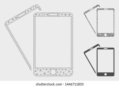 Mesh smartphones model with triangle mosaic icon. Wire frame triangular mesh of smartphones. Vector mosaic of triangle parts in various sizes, and color hues. Abstract flat mesh smartphones,