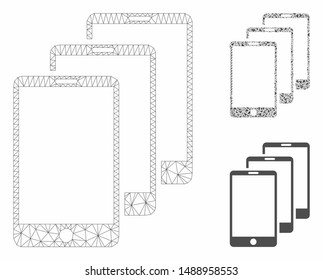 Mesh smartphones model with triangle mosaic icon. Wire carcass triangular mesh of smartphones. Vector mosaic of triangle elements in various sizes, and color hues. Abstract flat mesh smartphones,