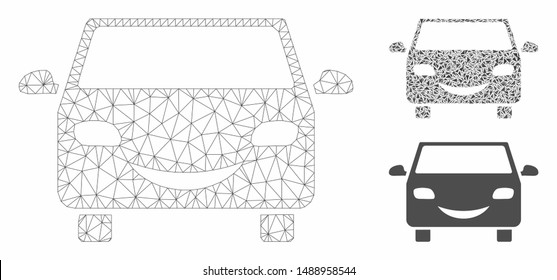 Mesh smile car model with triangle mosaic icon. Wire frame polygonal mesh of smile car. Vector mosaic of triangle parts in various sizes, and color tints. Abstract flat mesh smile car,