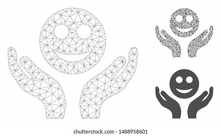 Mesh smile care hands model with triangle mosaic icon. Wire carcass triangular mesh of smile care hands. Vector mosaic of triangles in variable sizes, and color hues.