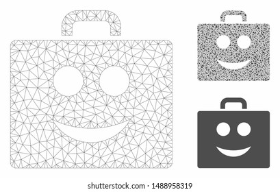 Mesh smile case model with triangle mosaic icon. Wire frame triangular network of smile case. Vector mosaic of triangle parts in variable sizes, and color tints. Abstract flat mesh smile case,