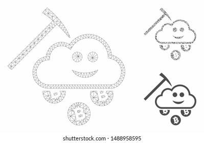 Mesh smile cloud mining model with triangle mosaic icon. Wire frame polygonal mesh of smile cloud mining. Vector mosaic of triangle parts in variable sizes, and color tones.