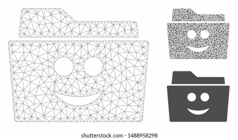 Mesh smile folder model with triangle mosaic icon. Wire carcass triangular mesh of smile folder. Vector collage of triangles in various sizes, and color hues. Abstract flat mesh smile folder,