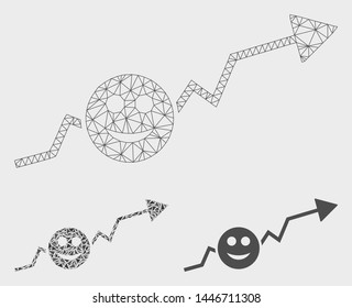 Mesh smile growing trend model with triangle mosaic icon. Wire frame triangular mesh of smile growing trend. Vector mosaic of triangle parts in various sizes, and color tints.