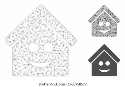 Mesh smile home model with triangle mosaic icon. Wire frame triangular mesh of smile home. Vector mosaic of triangle parts in various sizes, and color shades. Abstract flat mesh smile home,